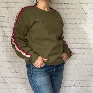 Olive Green Sweatshirt with Colorful hand crocheted Stripes